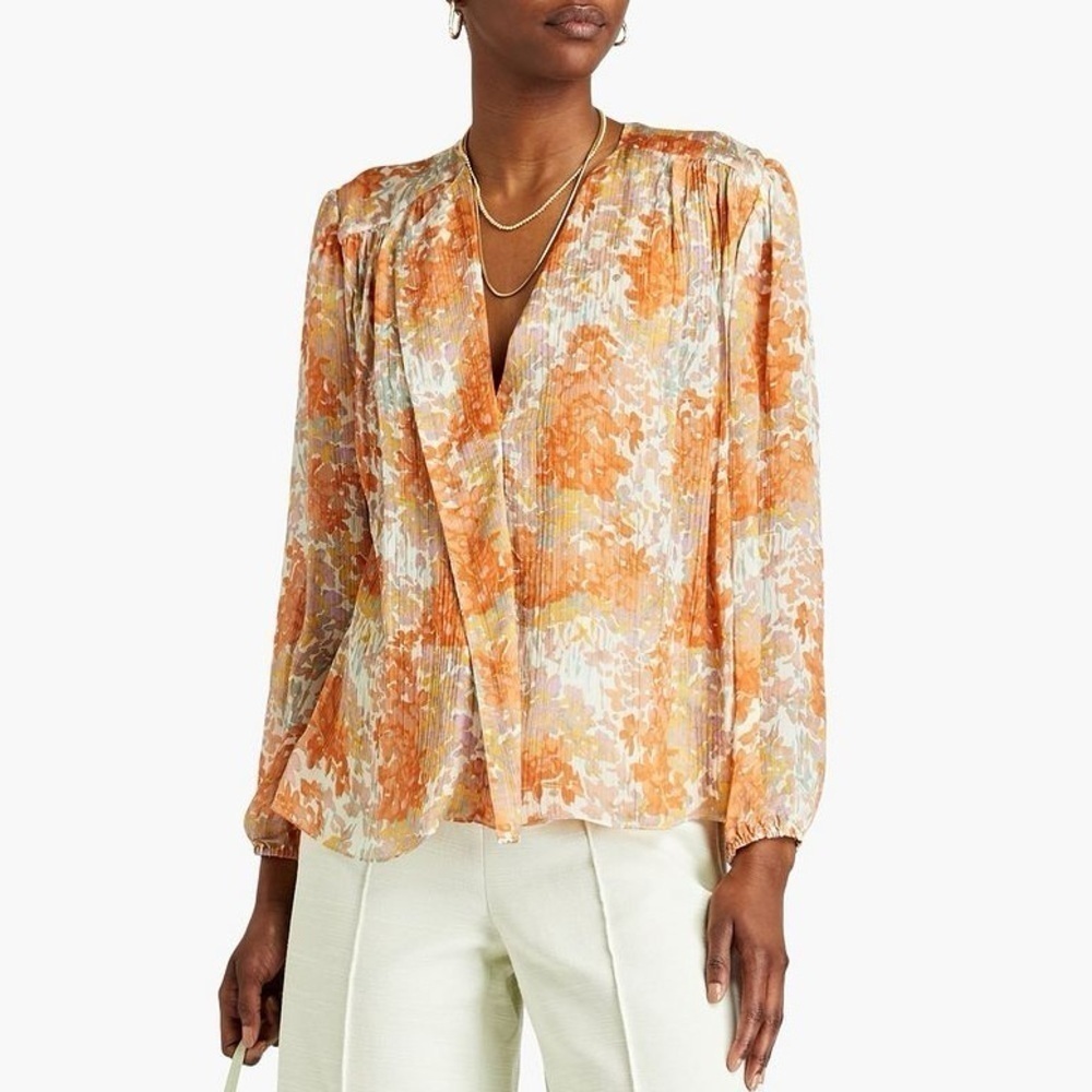 VINCE Silk Floral Print Long Sleeve Blouse Orange Fantasy Small - Picture 1 of 15